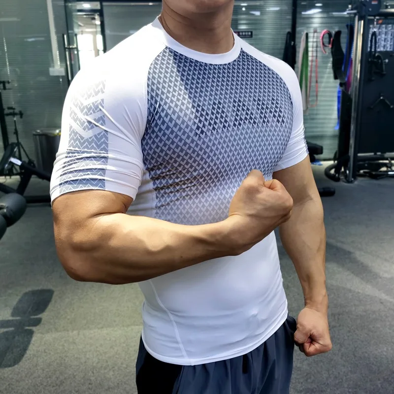 Men Summer Gym Fitness Short Sleeves Quick Drying Breathable Sweat Absorbing High Elasticity Training Running Top Coach Clothes