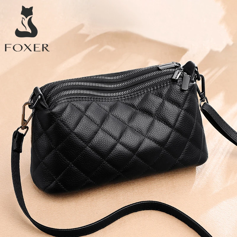 FOXER Genuine Leather Women's Shoulder Bag Black Crossbody Bag Female Texture Messenger Bag Lady Commuting Purse