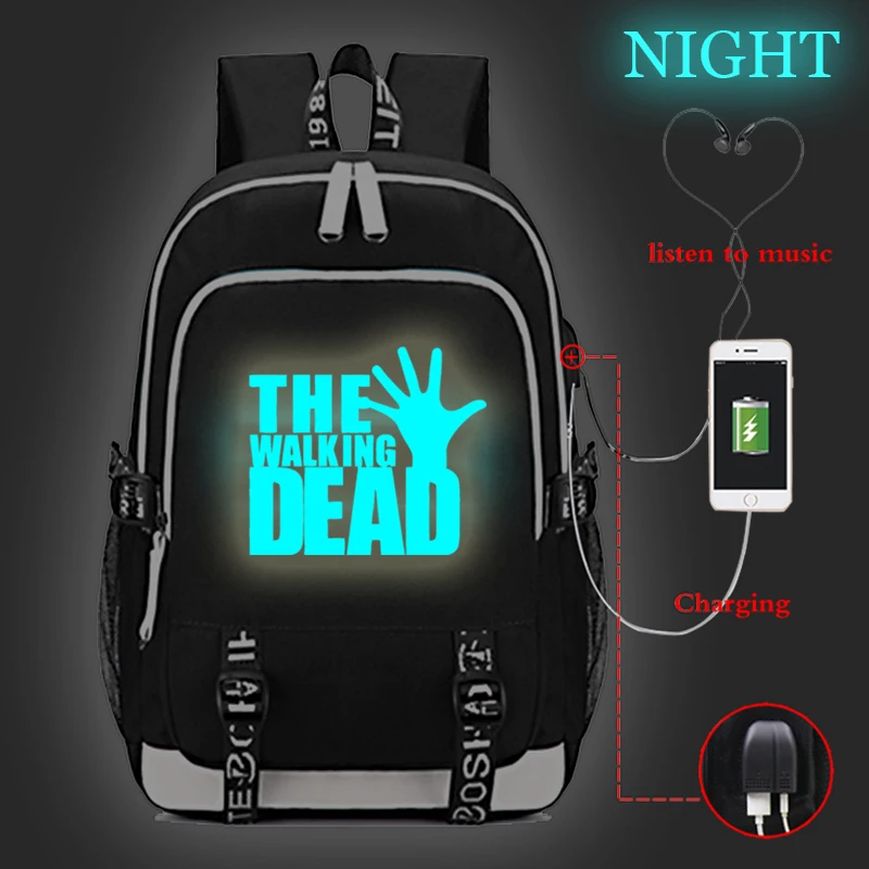 The Walking Dead Backpack for Teenager Fashion Luminous USB Port Backpack Student Boys Girls School Bag Men Laptop Back Pack
