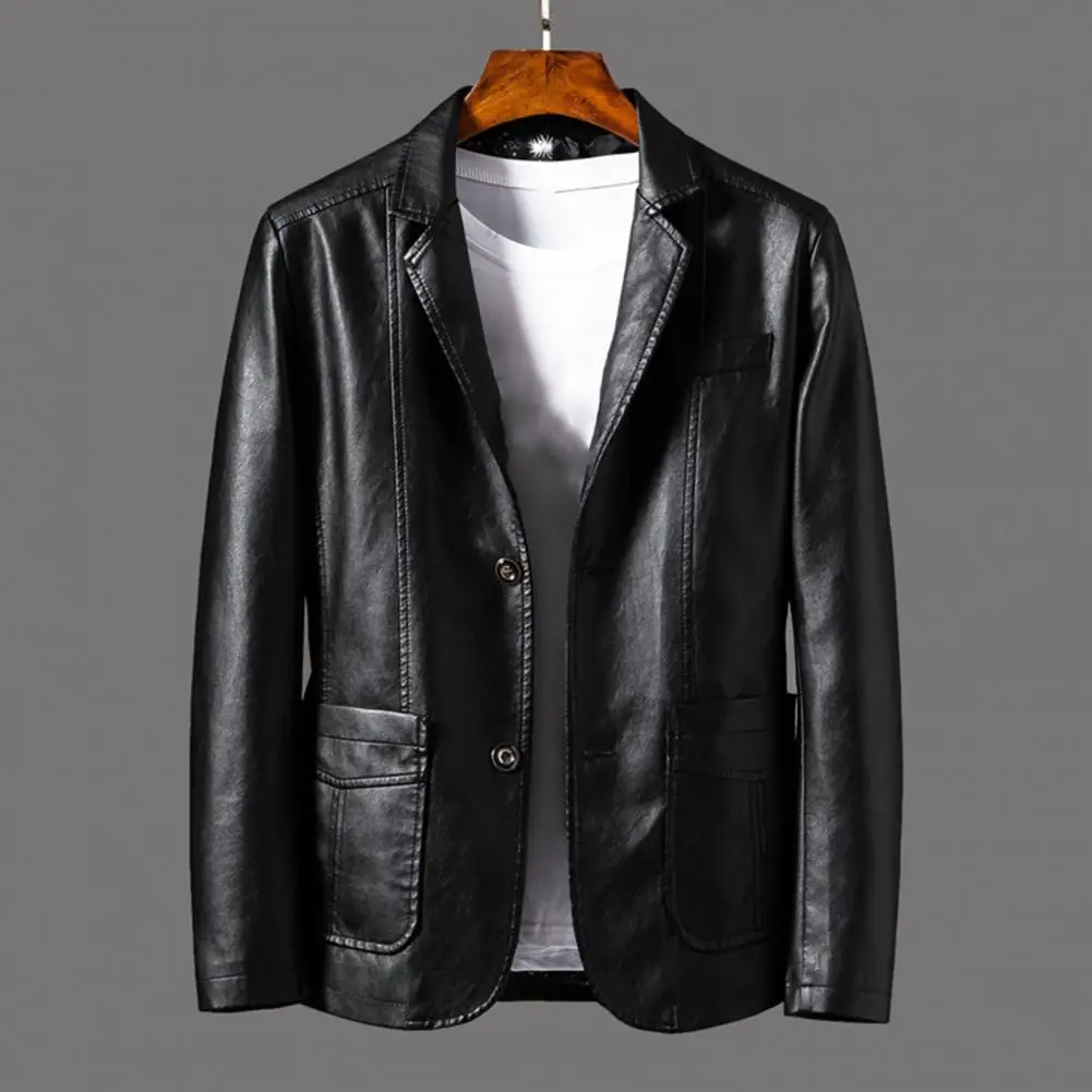 Men Business Leather Coat Trend Casual Fit Slim Turn-down Collar Suit Coat Korean Fashion Leather Sheepskin Men Leather Jacket