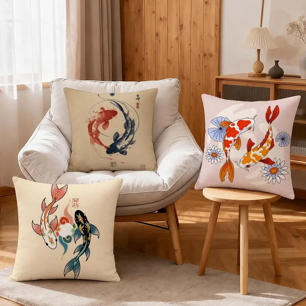 Art Koi Cushion Cover Linen Anti-Mite Antibacterial Cushion Cover Invisible Zipper Sofa Decor