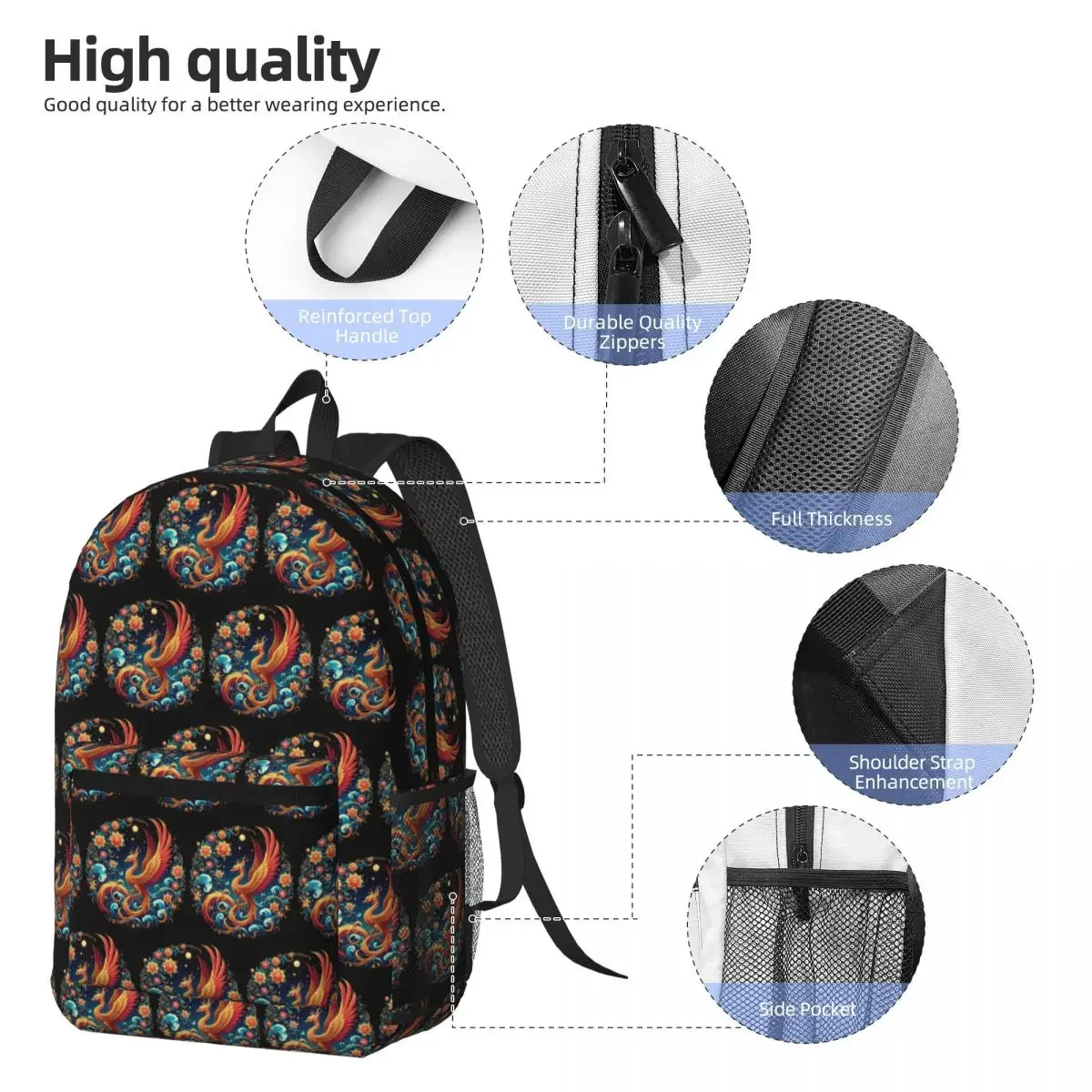 Phoenix Floral Print Backpack Student BookBag Kids School Bag Computer Shoulder Bags for Men Women