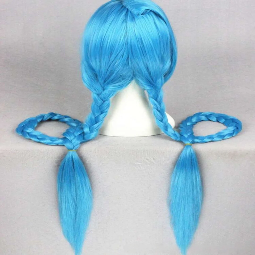 Synthetic 44inch Blue Double Braided Wig with Bangs for Anime Cosplay Costume Party Halloween Comic Con Stage Performance Wig ﻿
