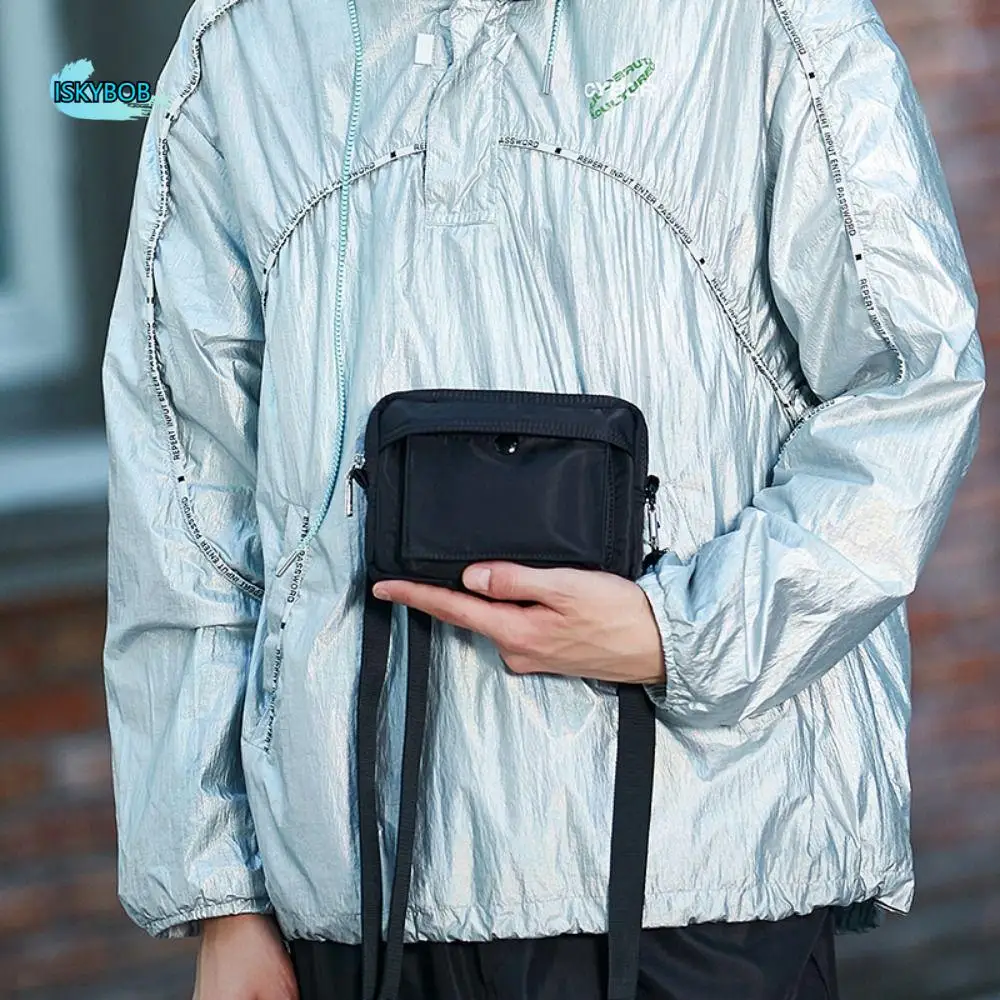 

Solid Color Men Mobile Bags Large Capacity Wide Strap Nylon Crossbody Bag Japanese Style Zipper Simple Shoulder Bag Daily