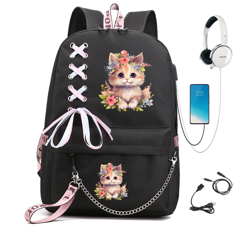 Mochila escolar con dibujos de gatos y flores para niñas, bolso escolar de animales de Anime, mochila para volver a la escuela, mochilas con carga Usb