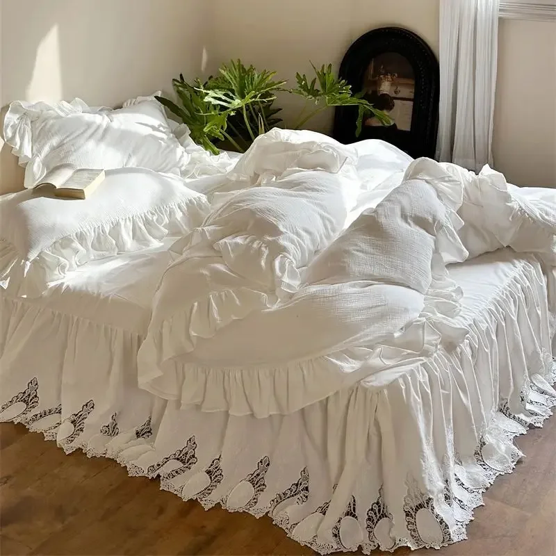 100% Cotton Double-layer Yarn Soft Skin Friendly Ruffles Bedding Set Duvet Cover French Hollow Bed Skirt Bedspread Pillowcases