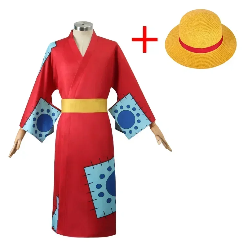 Disfraz de Cosplay de Anime Luffy, Kimono de Cosplay del País de Wano para Hombres Adultos, Sombrero, Cárdigan Rojo, Halloween