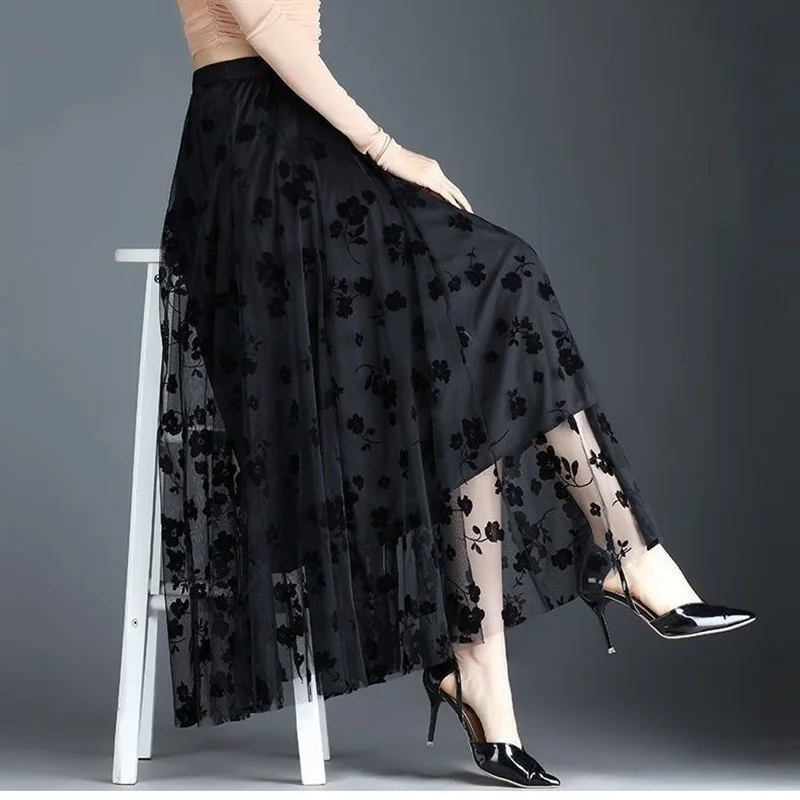 Flocking Floral Pirnted Long Mesh Skirt for Women, High Waist, Max Pleated Tutu, Tulle Skirt, Gauze Skirt, Female, 2024