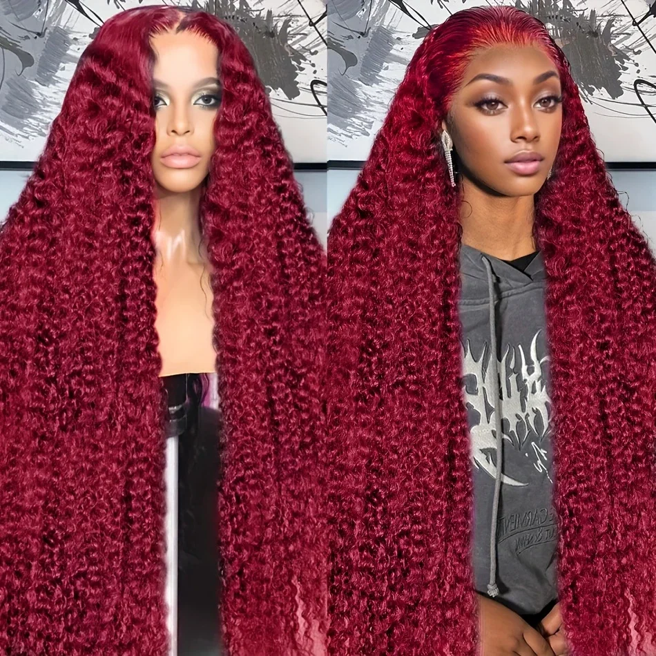 

Парик из натуральных волос с глубокими кудрями, цвет 99J Бордовый, плотность 200, 13x4, 13x6 HD, с кружевной передней частью, волнистый, 44-46 дюймов