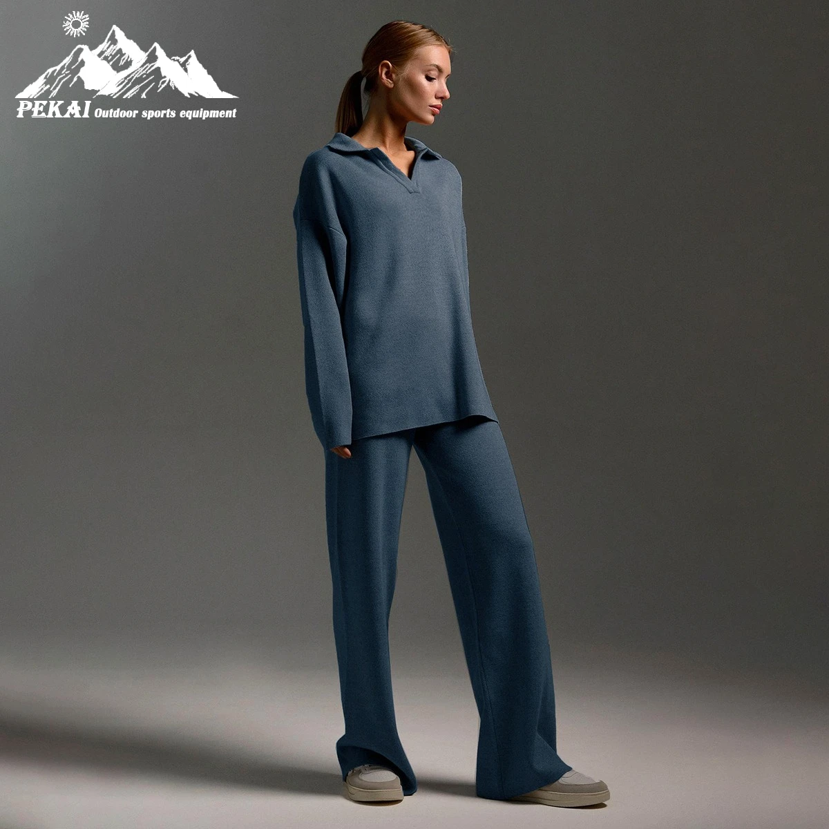 

Knitted Set of European and American Autumn Winter Sweater Set Polo Collar Knitted Pullover Wide Leg Pants Two-piece Set