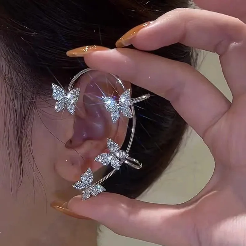 Boucles d\'oreilles en forme de feuille plaquée argent et papillon pour femmes, Clips d\'oreille sans Piercing, manchette d\'oreille en zircone