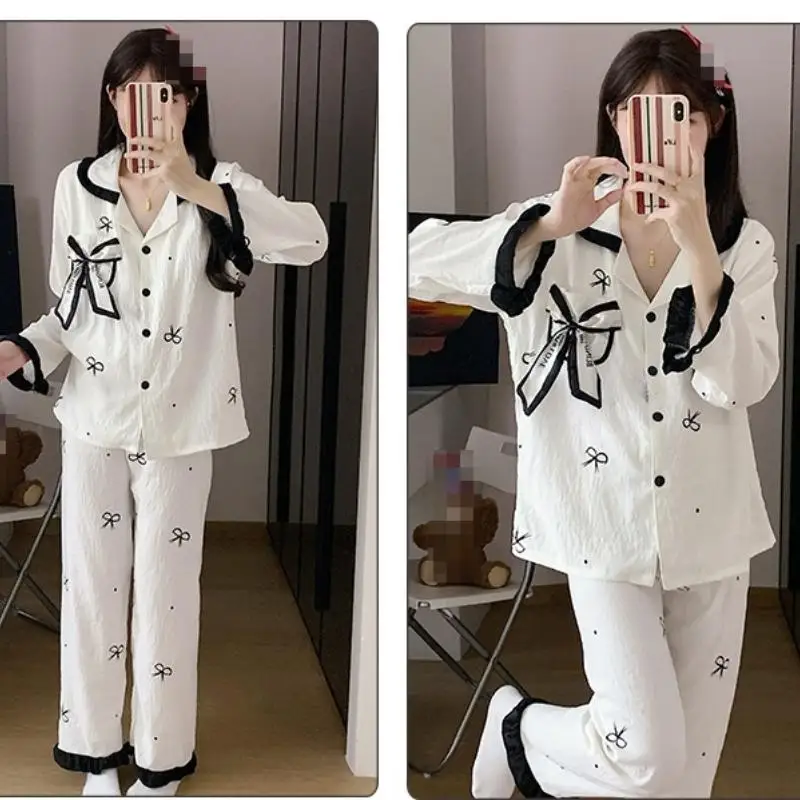 Women's Long Sleeved Long Pant Pajama Set for Girls In Spring Autumn New Sweet Cardigan Home Clothe for Women Soft Two-Piece Set 4