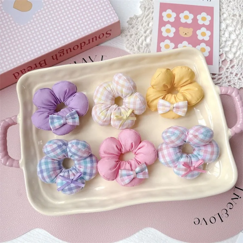 

Lovable Soft Padded Plaid Floral Hair Ties in Pink Yellow for Girl Elastic Ponytail Holders No Damage Non Slip Daily Accessories