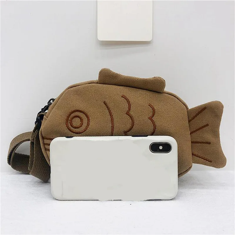 Fish Shape Canvas Messenger Bag Fashion Cute Embroidery Portable Zippered Small Purses Handbags Mini Crossbody Bag