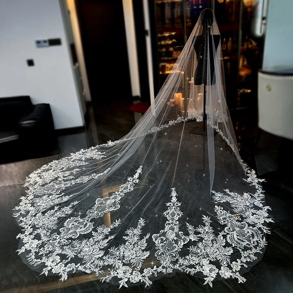 

2025 Fall Wedding Veil Floral Applique Beads 3.5M Long Bridal Veils Wedding Accessories