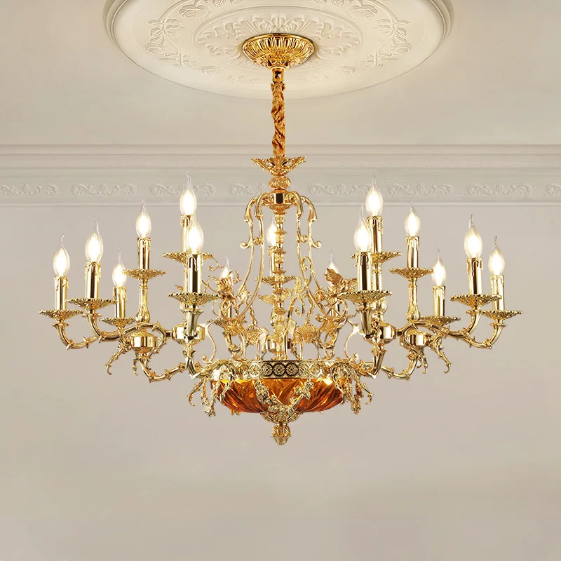 

French Royal Vintage Brass Chandelier Indoor Deco Hotel Lobby Living Room Droplight Luxury Copper Candle Pendant Lamp