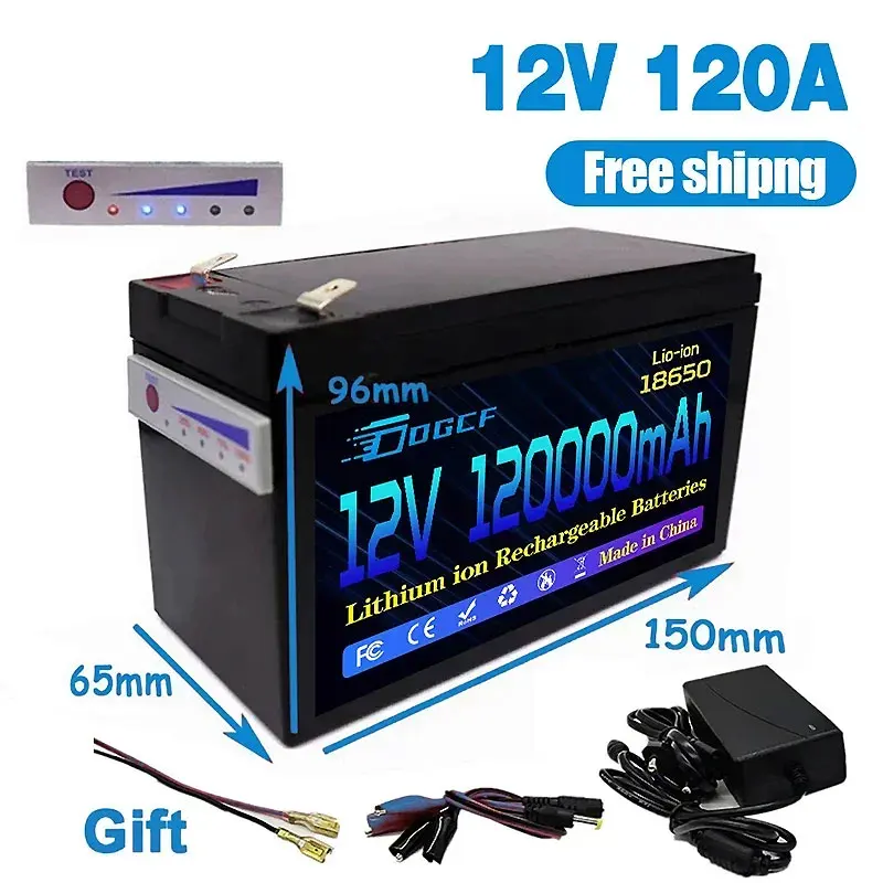 12V 120Ah 120Ah 18650 lithium battery for solar energy built-in high current 30A BMS electric vehicle battery+12.6V charger