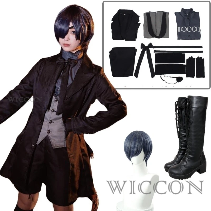 Black Butler Ciel Phantomhive Cosplay Traje para Homens e Mulheres, Peruca, Sapatos, Festa do Carnaval Japonês, Uniforme Diabo, Cosplay de Halloween