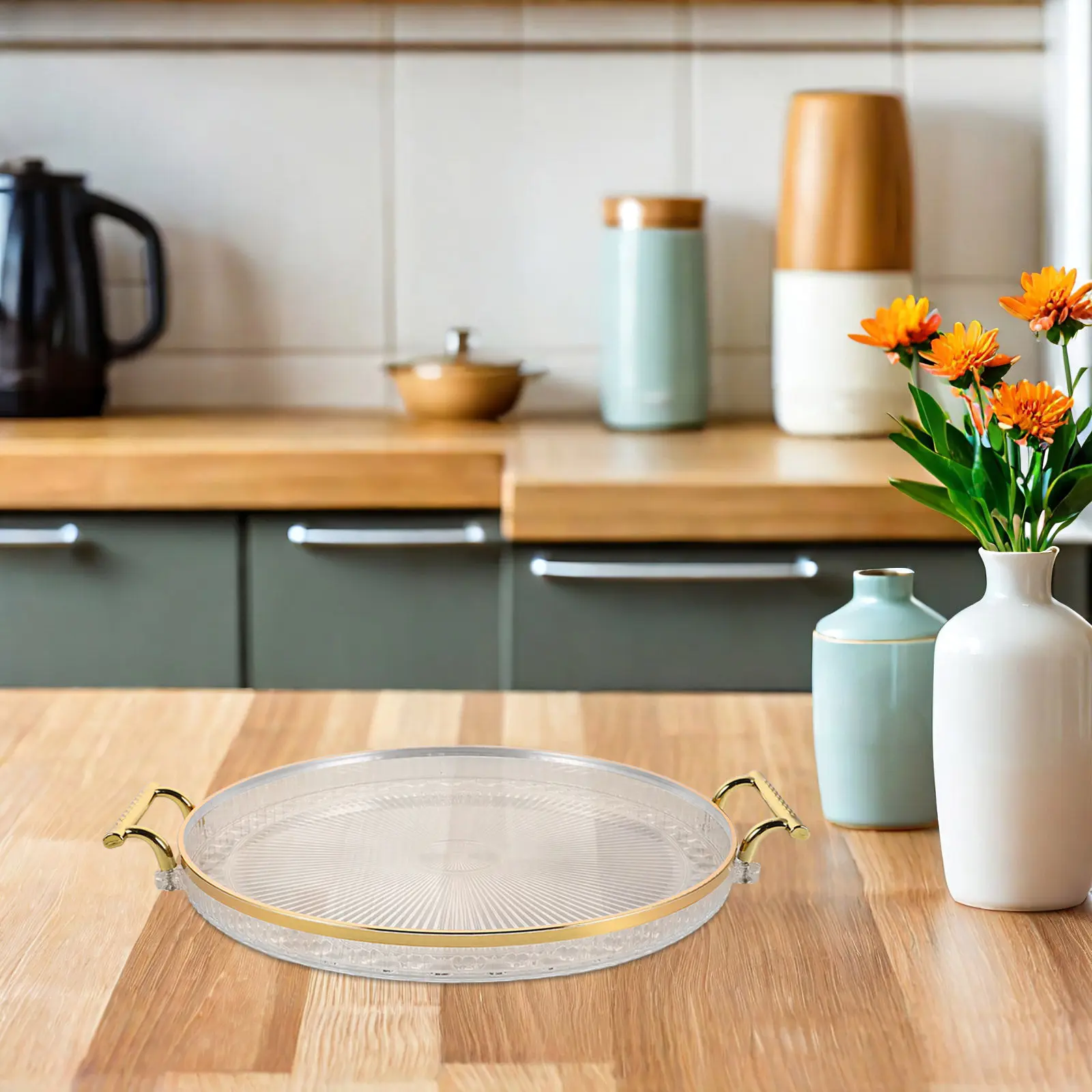 Sleek Minimalist Round Serving Tray Clear Plastic with Convenient Handles for Tea Coffee Dessert Fruit Presentation Home Decor