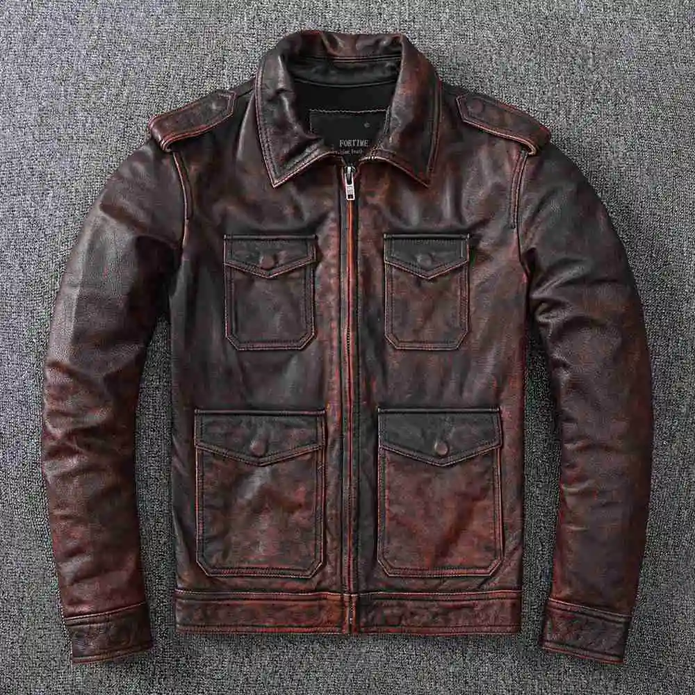 shipping.men Vintage brown Free hunting leather jacket.2023 brand new cowhide clothes.asian size leather pockets garment