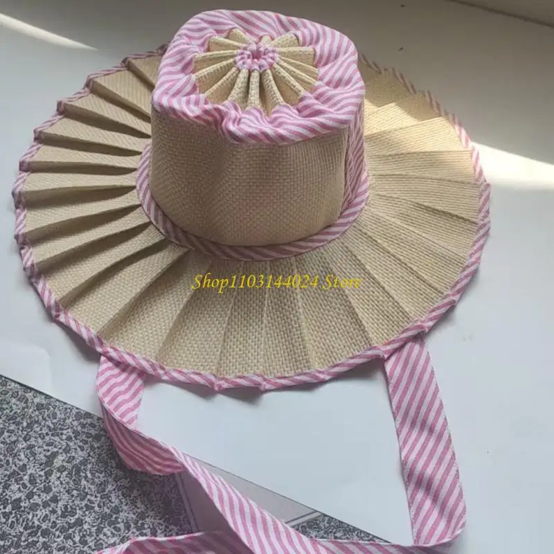 N5KE Beach Panama Hat Foldable Pleated Straw Hat Elegant Sun Hat Surprise Gift for Girlfriend for Vacations French