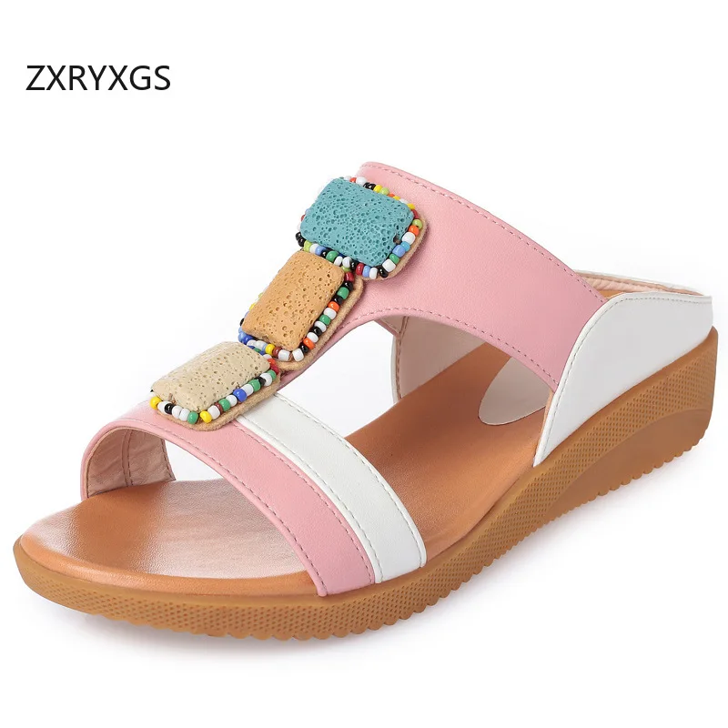ZXRYXGS Patent Leather Spell Colors Women Fashionable Slippers 2026 New Summer Soft Sole Comfortable Flat Slippers Large Size