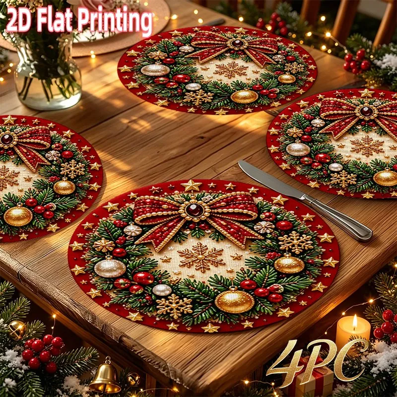 VIKAMA Linen Round Placemat, Burgundy Gold Bow Holly Design, Washable Stain Resistant Easy Clean, Christmas Table