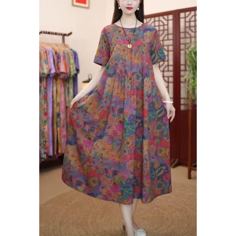 여성용 보헤미안 빈티지 코튼 린넨 미디 드레스 루즈핏 여름 통기성 플로럴 프린트 캐주얼 플러스 사이즈 드레스