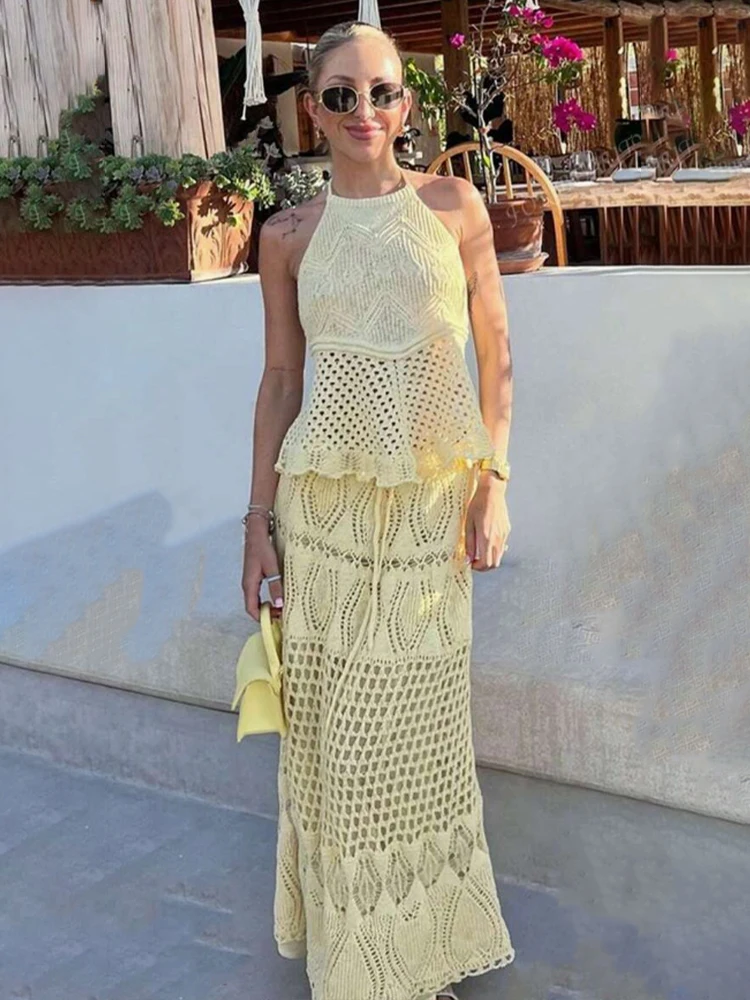 

Новый французский ретро топ с лямкой на шее и рюшами по подолу, топ и длинная юбка, вязаный комплект, элегантный вечерний ажурный ромбовидный узор, женский костюм, пляжная одежда