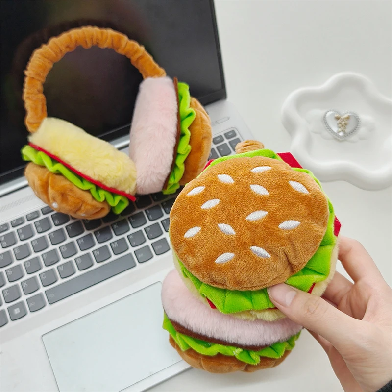 Cute Funny Hamburger French Fries Soft Plush Warmer Earmuff Winter Outdoor Cold Protection Ear-Muffs Cover 2025 New Year Gift