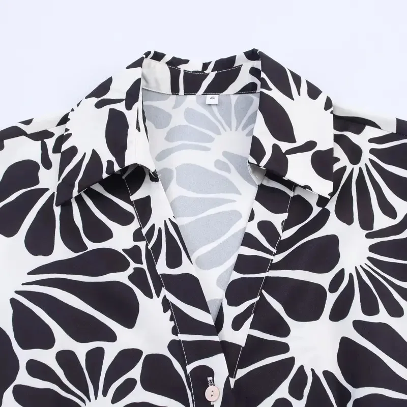 빈티지 플로럴 프린트 우아한 벨트 여성 라펠 버튼 드레스 반팔 패션 휴가 셔츠 드레스