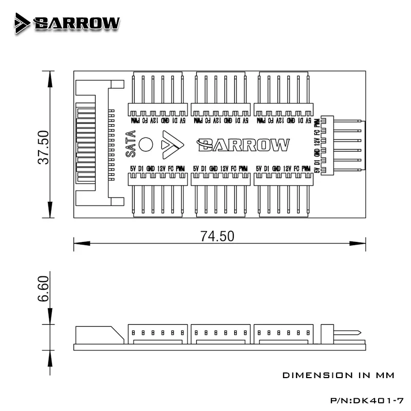 Barrow RGB Fan Hub Splitter For 5V 3Pin ARGB Light + 4Pin PWM Fan + 2Pin Temperature Meter SATA Power DK401-7