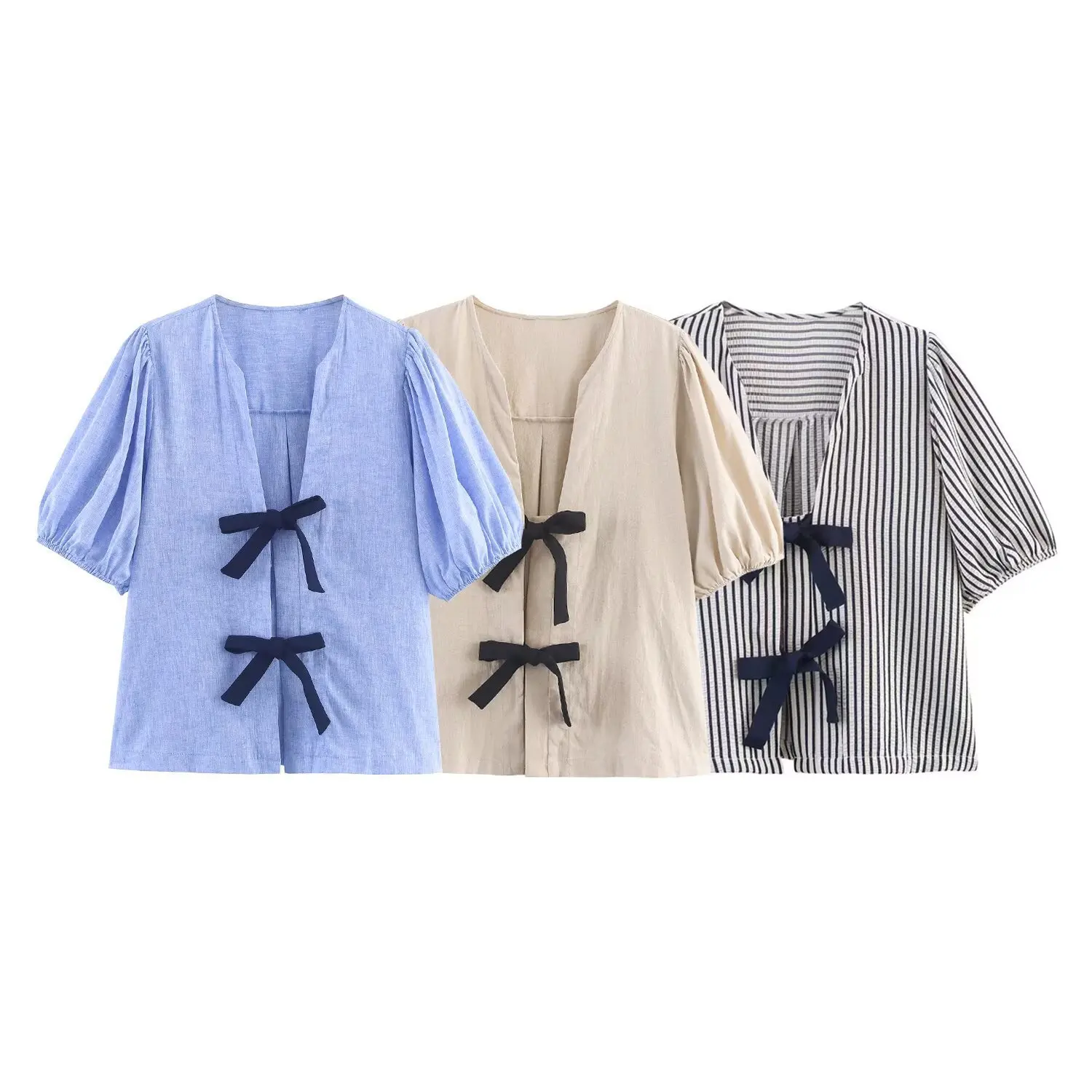 Camicette moda manica corta blu con scollo a V Camicette moda donna con copertura a righe con nodo a farfalla Camicetta casual slim