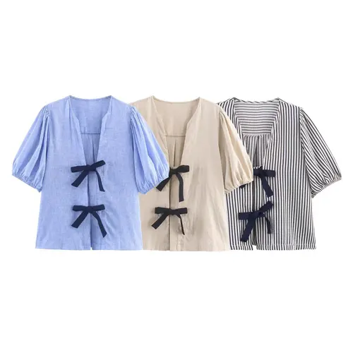 Blusas azules de manga corta con cuello en V para mujer, camisa informal ajustada con cubierta a rayas y Nudo de mariposa a la moda