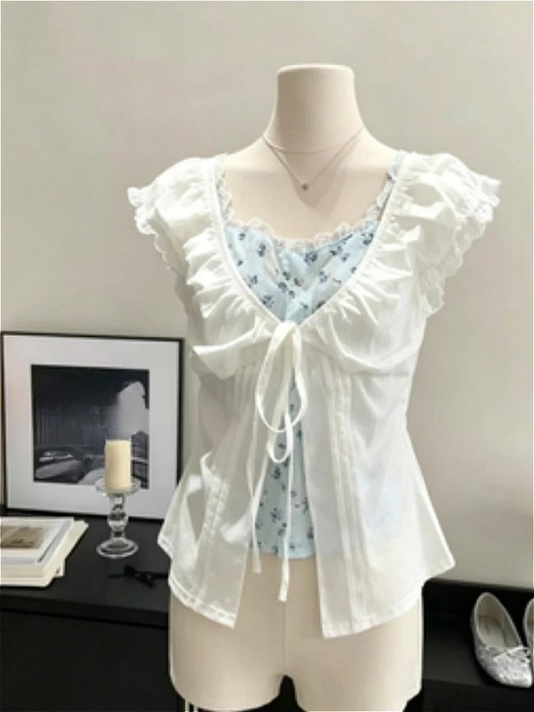 Harajuku Sweet Heart Cartoon Fake Two Piece Tees Girls Y2k Dot Puff Short Sleeve Tops Daily Casual Cute Fashion Shirts