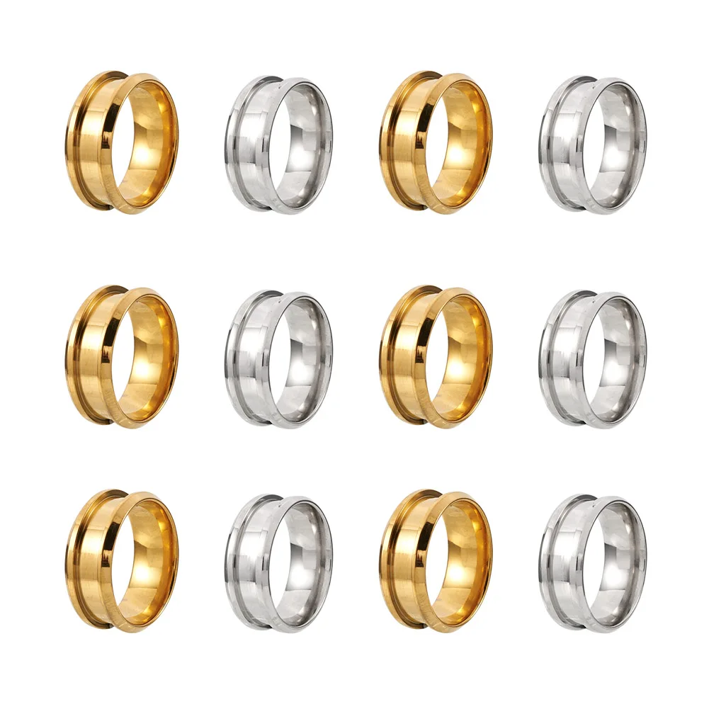 12Pcs Stainless Steel Grooved Finger Ring Golden Steel Color Ring Core Blank Settings for Inlay Ring Jewelry Making US Size 7~12