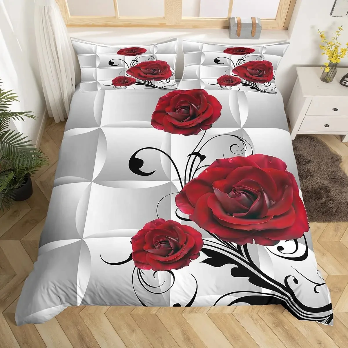 Red Rose Duvet Cover Set Twin King Size Romantic Floral Bedding Set Flower Comforter Cover with 2 Pillowcase For Valentine's Day
