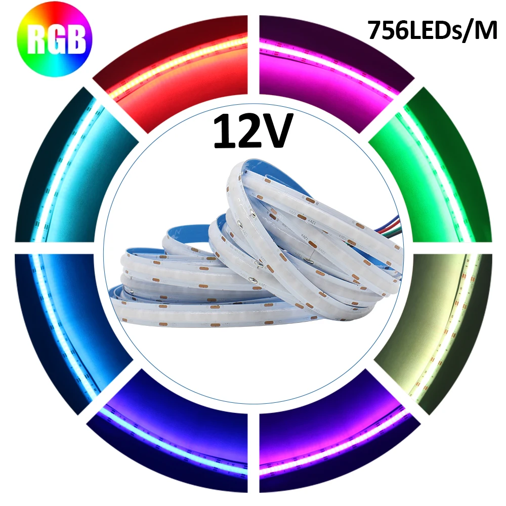 DC 12V COB RGB LED Strip Light 756LEDs/m 1M 2M 3M 4M 5M High Density Flexible FCOB Tape Ribbon Lights for Decoration Lighting