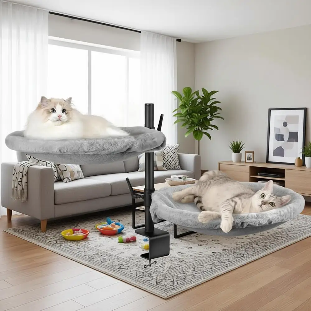 

Double Cat Desk Bed - 2 Large Layers with 360° Rotating & Adjustable Height, 16.5 inch Kitten Nest for Desktop with 2 Washable S