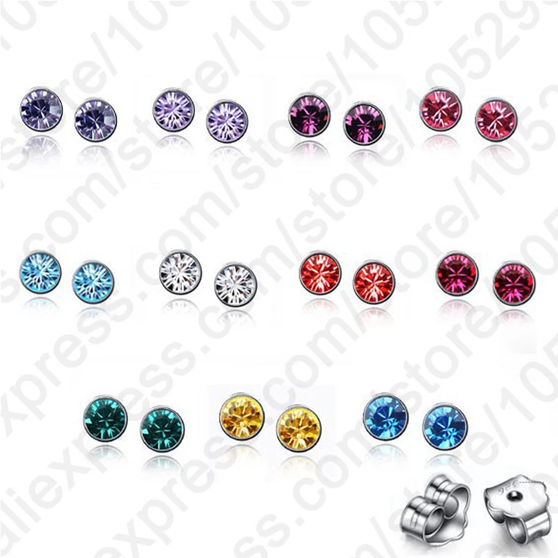 Factory Price 20PCS(10Pairs)/Lots 925 Sterling Silver Colorful Crystals Stone Stud Earrings+Back Stoppers Women Jewelry
