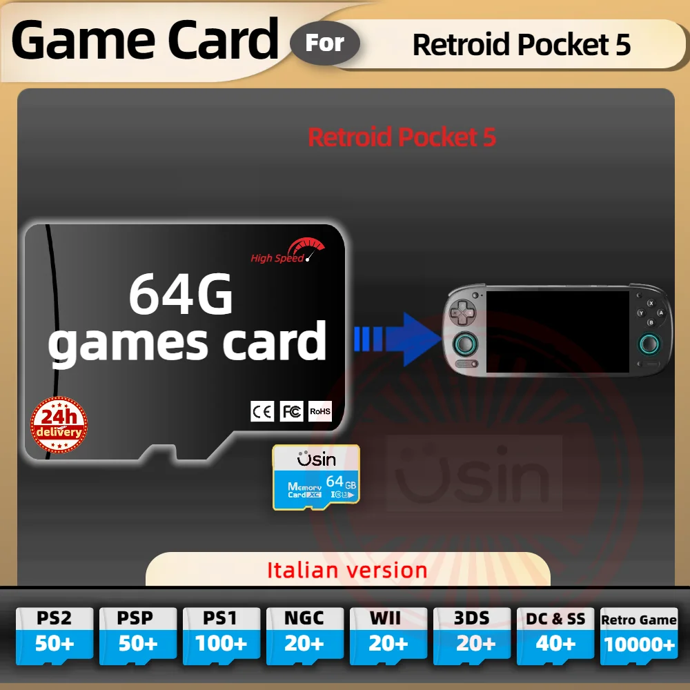 Tarjeta de juego SD para Retroid Pocket 5 Mini RP5, versión italiana, juegos Retro PS2 PSP, consola portátil para juegos Android, memoria TF 64G