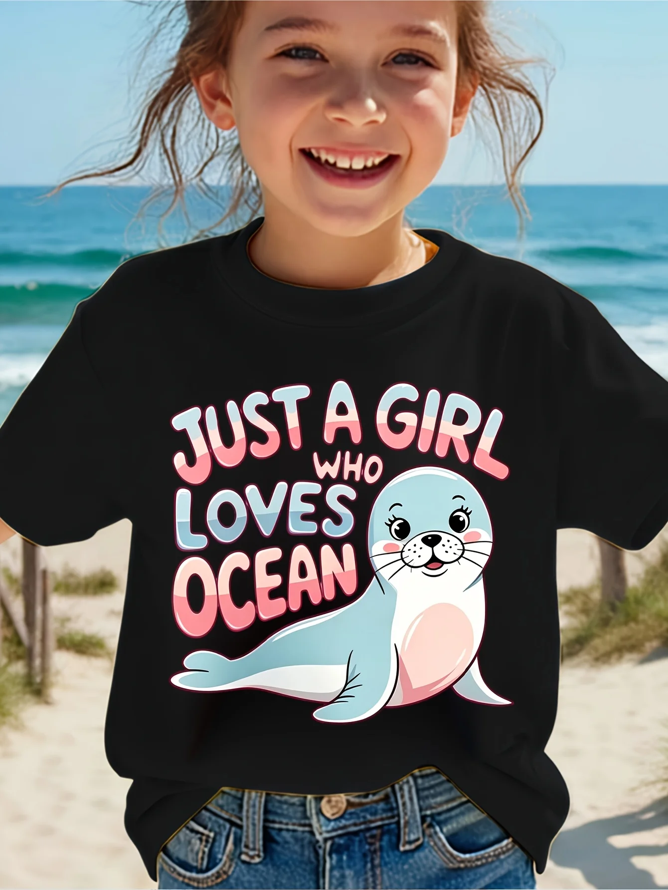 Kids Boys Girls T Shirt Just A Girl Who Loves Ocean Cute Seal Print Short Sleeve Tee Family Matching Summer Parent Child Tops