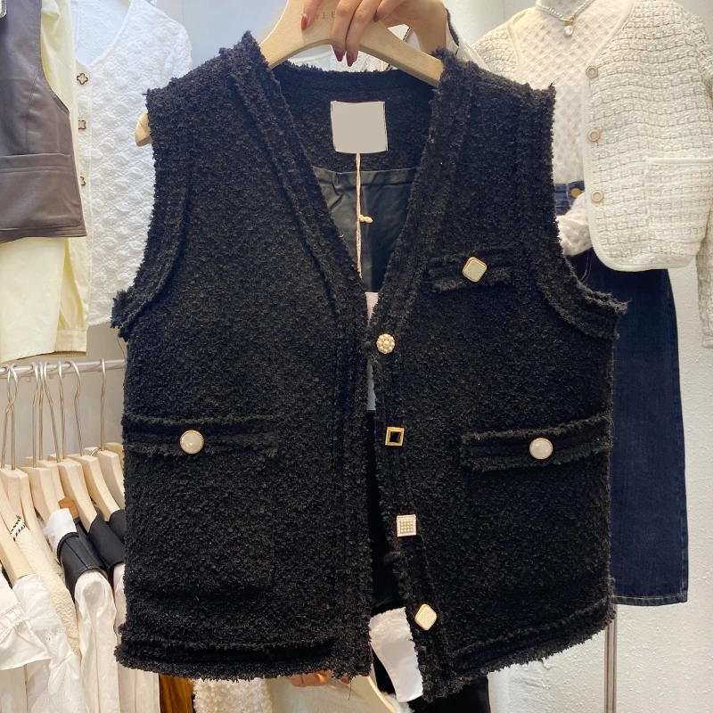 Women\'s 2023 Spring Autumn New Loose Vest Perfume Tweed Black White Middle Coat Waistcoat