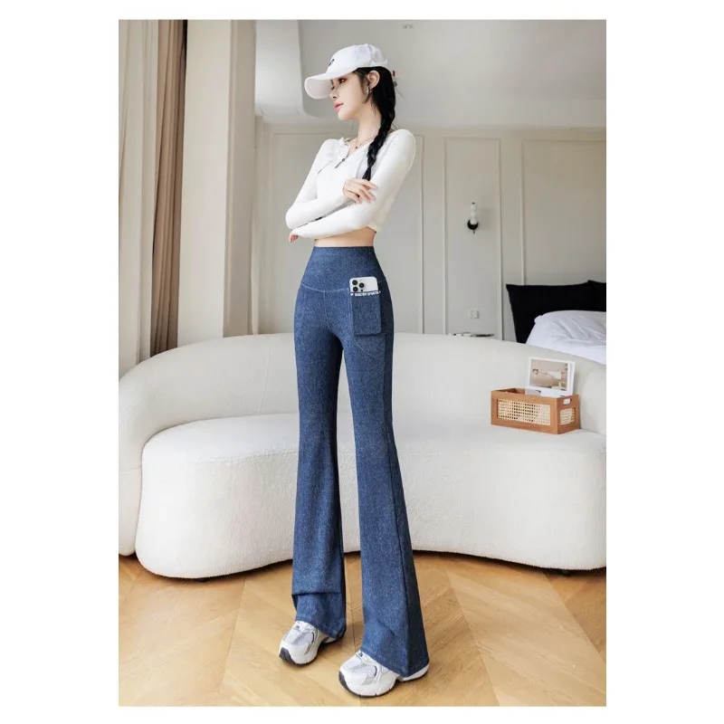 Women's High Waist Denim Look Flare Leggings With Pockets Bootcut Yoga Pants