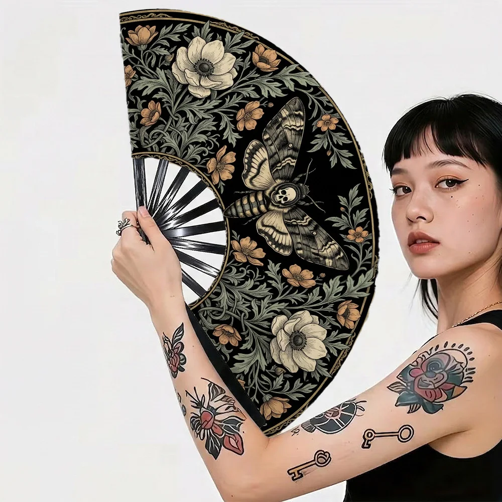 1pc Dark Academia Gothic Folding Hand Fan with Death Moth And Vintage Design - Portable Cooling Fan Suitable for Summer, Music Festivals, Raves, Weddings, Tai Chi Performances, Durable Plastic for Outdoor Events And Travel, Elegant Portable Fan