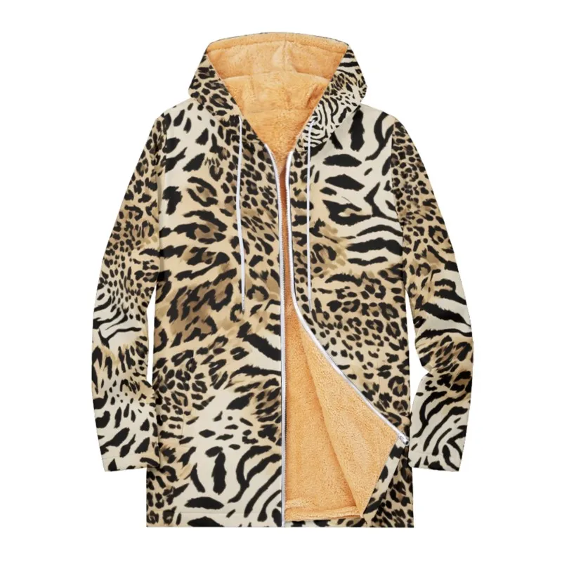 Men's Fleece Long Sleeve Zipper Hoodies Parkas Leopard Print Coat Jacket For Men/Women Winter Outerwear