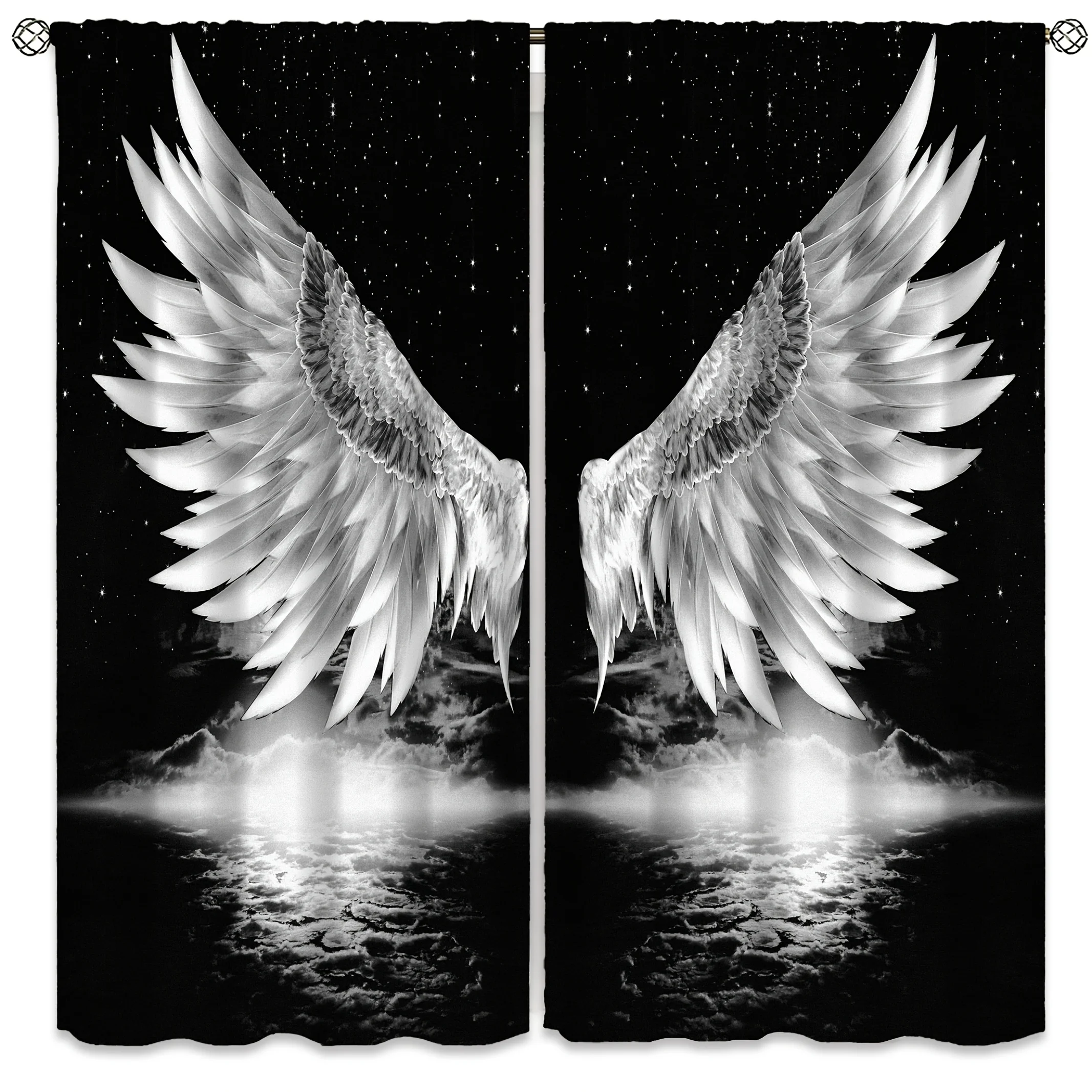 2pcs Black Art Window Curtains Angel Wings And Stars Room Decor Drapes Panel for Bedroom Living Room Window Treatments
