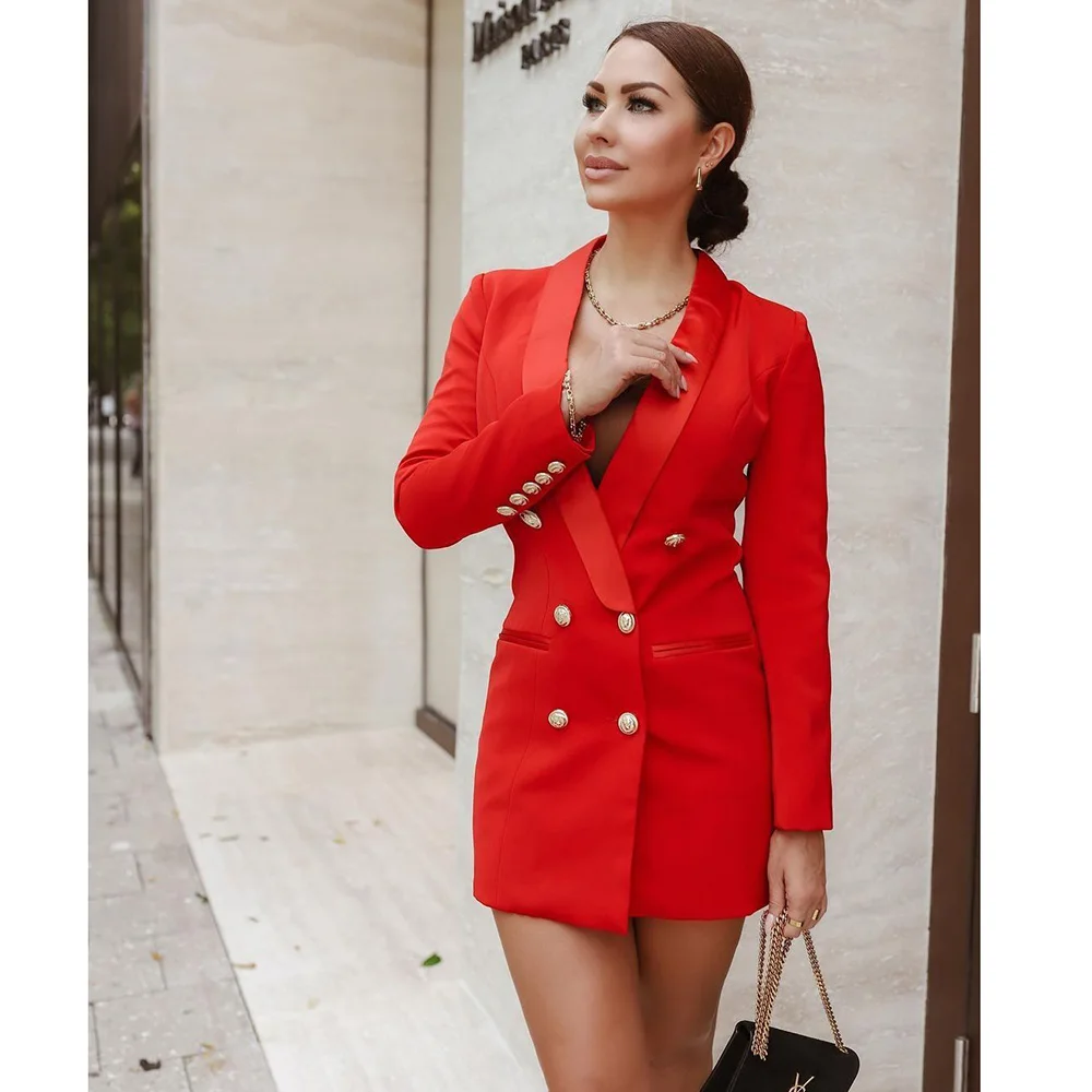 Elegant Red Double Breasted Shawl Lapel Women Blazer 1 Piece Slim Fit Above Knee Jacket Office Lady Office Work Suits Costume