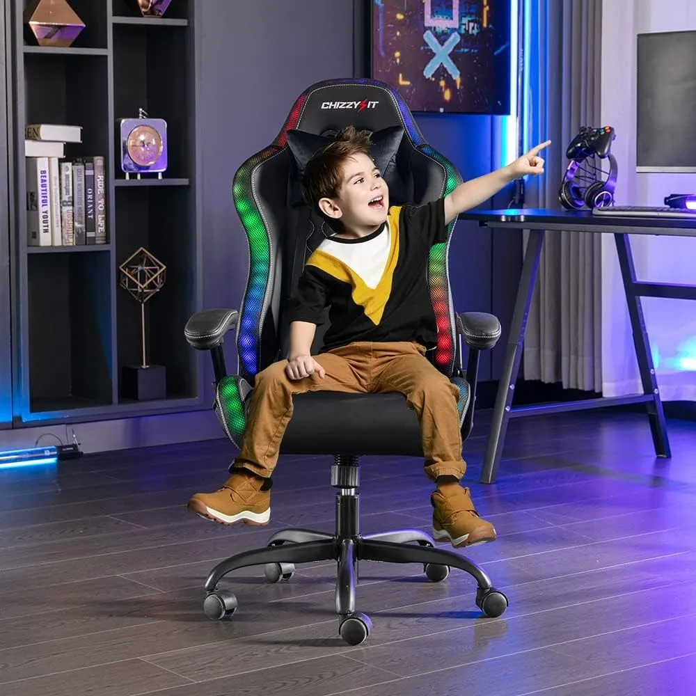 Chair for Kids with RGB LED Lights, Kids Gaming Chairs Ages 8-14, Led Gaming Chair with Adjustable Lumbar Support and Headrest