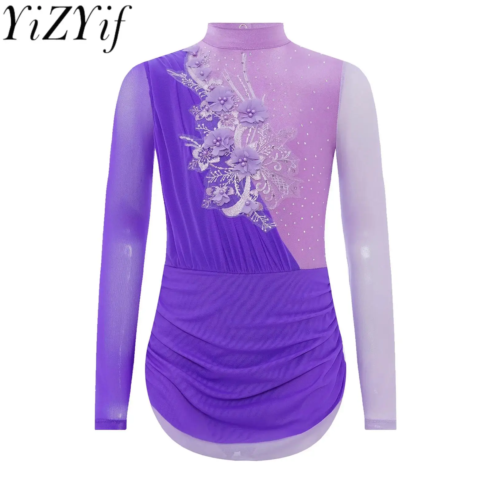 

Kids Girls Lyrical Ballet Ballroom Dance Performance Leotards Dress Applique Rhinestones Sheer Mesh Ballet Stage Dance Dress